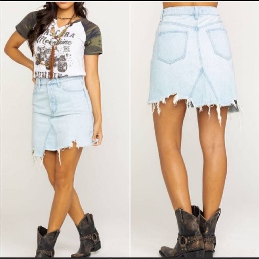 Free People We the Free light denim jean midi a line skirt distressed size 24
